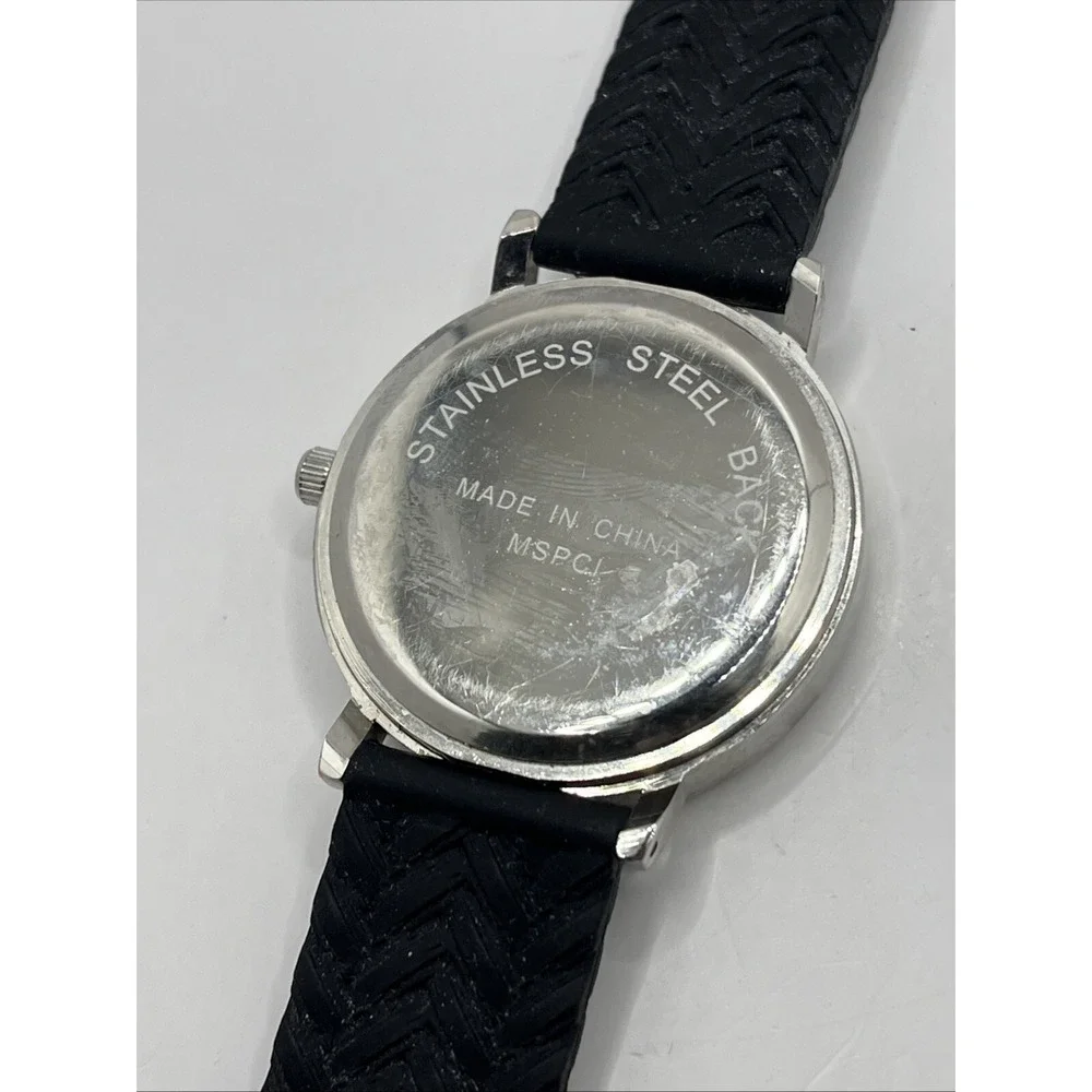 Women's Quartz Watch Black Textured Silicone Band Silver‎ 36mm Case- New Battery